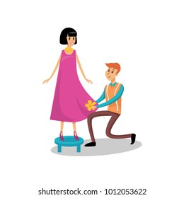 Male dressmaker serving his female client, sewing at atelier cartoon vector Illustration