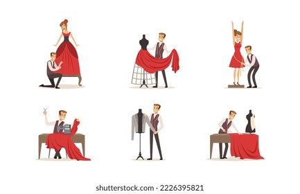 Male dressmakers creating clothes set. Clothing designer measuring, sewing and trying on dress on model vector illustration