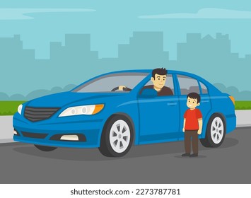 Male driver and boy talking each other at side of the road. Kid looking at driver beside blue sedan car. Front view. Flat vector illustration template.