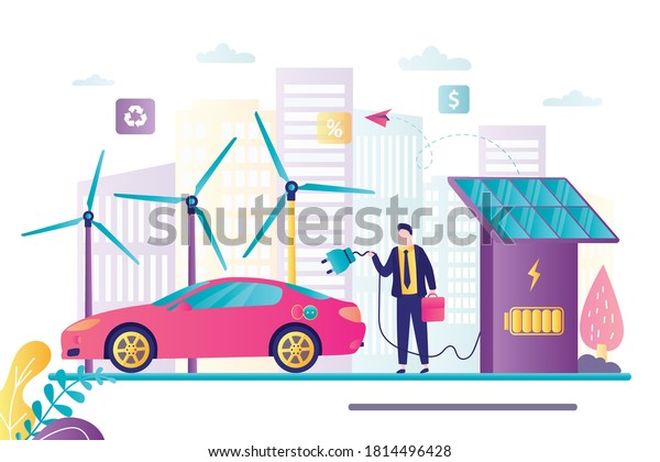 Male driver charges electric car. Charging\
station with solar panels. Wind turbines and city buildings on\
background. Ecologically clean transport, environment protection.\
Flat vector illustration