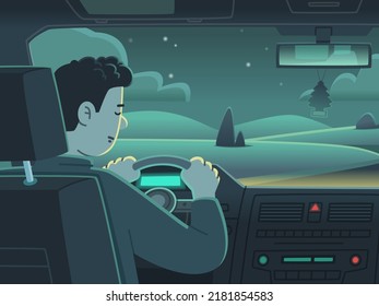 El conductor masculino duerme o se queda dormido al volante de un auto. Duerme mientras conduce un vehículo. Comportamiento peligroso en el camino que lleva a un accidente de auto. Ilustración vectorial en estilo de caricatura