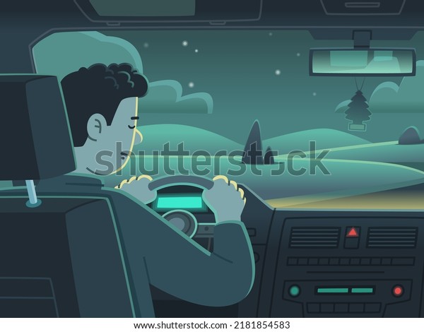 Male\
driver dozing or fell asleep at the wheel of a car. Sleep while\
driving a vehicle. Dangerous behavior on the road leading to a car\
accident. Vector illustration in cartoon\
style