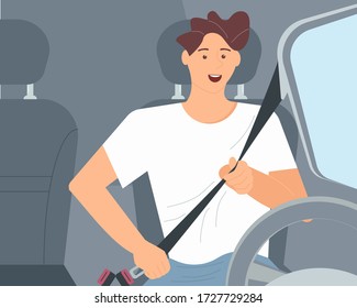 The male driver fastens the seat belt in the car and smiles. Young chauffeur character in auto front view. ollection of driving cases. Flat Art Vector Illustration