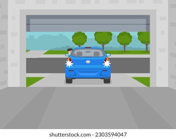 Male driver looks back while moving reverse. Opened home garage door. View from inside of the garage to the driveway. Flat vector illustration template.