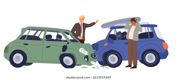 Male drivers squabble near wrecked cars after traffic accident. Vehicles crash. Broken automobiles. Bumpers deformation. Transport road collision. Auto owners quarrel