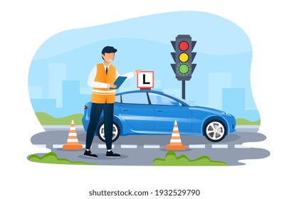 Male driving instructor is teaching how to drive a car on the street. Concept of driving school, driver s license, traffic rules and tests. Flat cartoon vector illustration