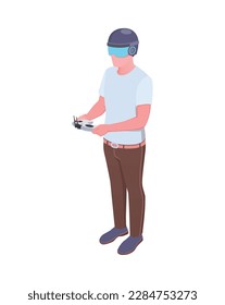 Male drone operator with remote control 3d isometric vector illustration