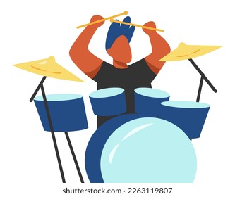 male drummer playing concept of band, music, concert, rock. flat vector graphic design.