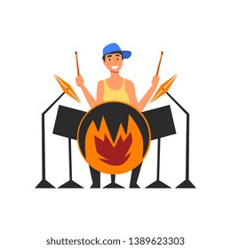 Male Drummer Playing Drums, Man Sitting Behind Drum Kit At Open Air Concert, Rock Fest, Outdoor Summer Music Festival Vector Illustration