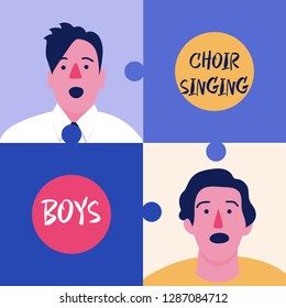 Male duet singing. Puzzle collage. Vector illustration flat design.
