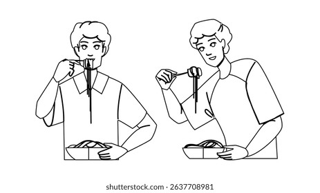 male eating noodles man vector. young bowl, meal eat, asian ramen male eating noodles man character. people black line pencil drawing illustration