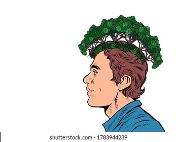 male ecologist. ecology in thoughts concept. parks and forests. Pop art retro vector illustration kitsch vintage 50s 60s style