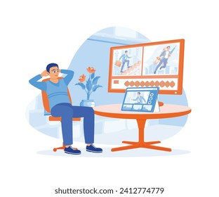 A male editor is editing film footage with two screens. Improve video quality using special software. Video Editor concept. Flat vector illustration.