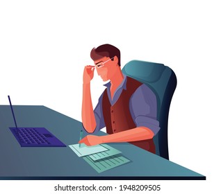 Male editor with papers working on laptop flat vector illustration