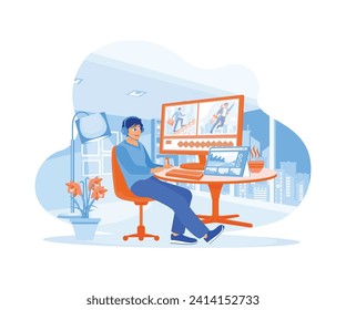 Male editor using headphones working in front of a computer at night. Editing videos for clients with software on a computer. Video Editor concept. Flat vector illustration.