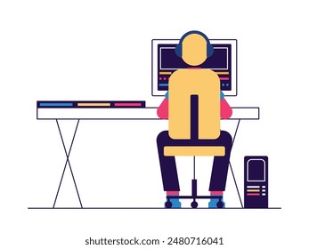 Male editor working in front of a computer screen, in his workspace. Character design. Vector flat illustration