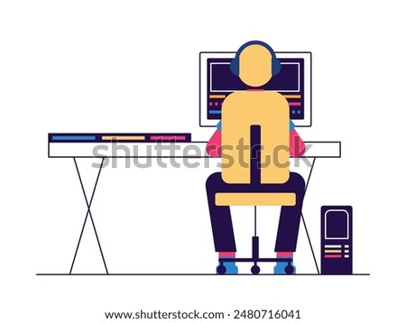 Male editor working in front of a computer screen, in his workspace. Character design. Vector flat illustration