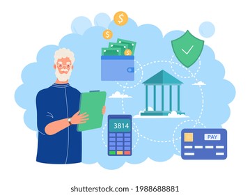 Male elderly character is counting and saving pension money. Concept of retirement preparation, financial savings of retirees, pension saving planning. Flat cartoon vector illustration