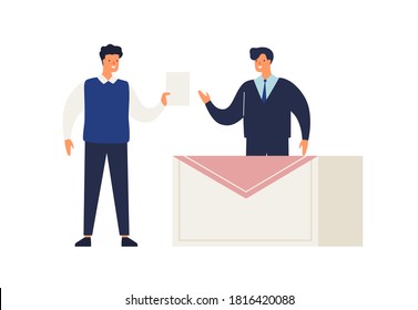 Male elector give ballot or voting choosing candidate at polling place vector flat illustration. Man politician standing at electoral station during poll isolated on white. Political election process