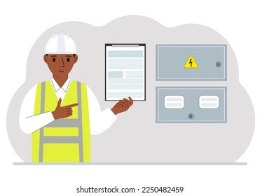 A male electrical engineer holds a clipboard with a contract and stands next to an electrical cabinet. The concept of a contract for service, connection of electricity or hiring a specialist. Vector f