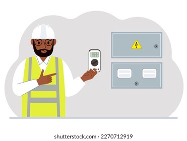 A male electrical engineer holds a digital multimeter in his hand and stands next to an electrical cabinet. Vector flat illustration