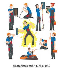 Male Electrical Engineers Repairing and Operating Electrical Equipment, Electricity Maintenance Service Workers Characters in Uniform and Cap Cartoon Style Vector Illustration