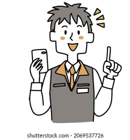 A male electrician clerk explaining with a smartphone