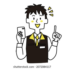 A male electrician clerk explaining with a smartphone