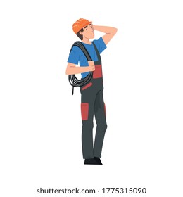 Male Electrician Engineer with Cable Thinking Before Repairing, Electricity Maintenance Service Worker Character Cartoon Style Vector Illustration