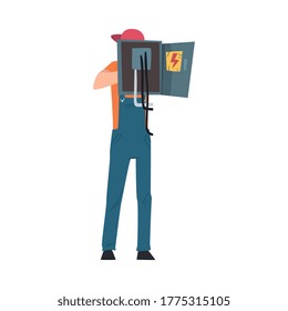 Male Electrician Engineer Checking Control Panel, Electricity Maintenance Service Worker Character Cartoon Style Vector Illustration