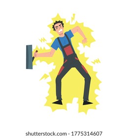 Male Electrician Engineer Getting Electrocuted., Professional Worker Character in Uniform Repairing Electrical Equipment Cartoon Style Vector Illustration