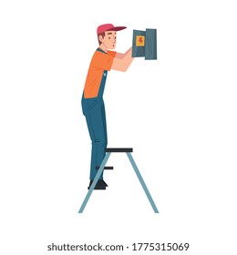 Panel de control de funcionamiento de ingeniero eléctrico masculino, carácter profesional de trabajador en reparación uniforme de equipo eléctrico ilustración de vectores de estilo de dibujos animados