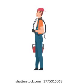Male Electrician Engineer, Professional Worker Character in Uniform with Cable and Toolbox Cartoon Style Vector Illustration