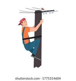 Male Electrician Engineer Working on Electric Power Pole, Electricity Maintenance Service Worker Character Cartoon Style Vector Illustration