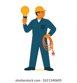 Male electrician with a power plug and light bulb in uniform and hard hat – skilled tradesman vector character illustration
