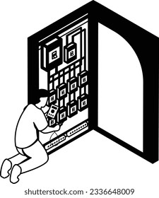 male electrician repairing industrial machine control component isometric Concept vector icon design, Electrical engineer symbol, Wiring specialist Sign, maintenance technician tool stock illustration