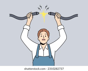 Male electrician in uniform connect cables. Scared mechanic plug join electrical wires. Electricity and power. Vector illustration. 