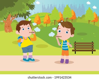Male elementary school students enjoying cigarette at the park