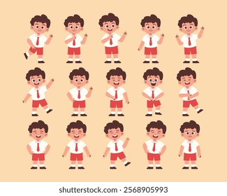 Male Elementary Student with Various Expression and Gesture, Primary Student Laughing, Pointing Something