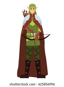 Male elf with a bow and arrow. Flat design. Vector illustration