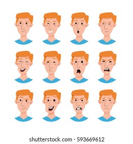  Male emoji cartoon characters collection. Flat style emotion young men avatars set. Colorful vector illustration of isolated guy faces with different expressions.