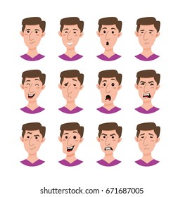  Male emoji cartoon characters collection. Flat style emotion young men avatars set. Colorful vector illustration of isolated guy faces with different expressions.