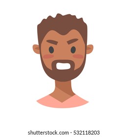 Male emoji character. Cartoon style emotion icon. Isolated boys avatar with evil facial expression. Flat illustration men's emotional face. Hand drawn vector drawing emoticon