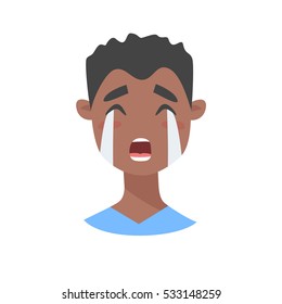 Male emoji character. Cartoon style emotion icon. Isolated boys avatar with crying facial expression. Flat illustration men's emotional face. Hand drawn vector drawing emoticon