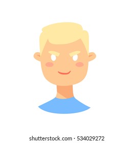 Male emoji character. Cartoon style emotion icon. Isolated boys avatar with evil facial expression. Flat illustration men's emotional face. Hand drawn vector drawing emoticon