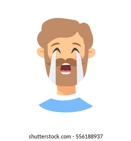 Male emoji character. Cartoon style emotion icon. Isolated boys avatar with crying facial expression. Flat illustration men's emotional face. Hand drawn vector drawing emoticon