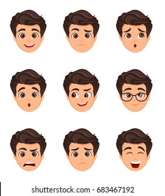 Male emotions set. Facial expression. Cartoon character with various face expressions. Vector illustration