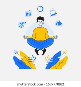 Male employee or businessman doing meditation or mindfulness, business related icons on background, multitasking and time management concept, vector illustration