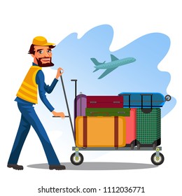 Male employee is carrying cart with baggage of suitcases and bags at airport on background of take-off plane, a man in a service uniform airplane in sky, a staff with a luggage vector illustration