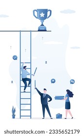 Male employee climbing up to top of career ladder. Helping hand, colleagues or mentors help to achieve success. business support to reach career target or help to climb up ladder of success. vector